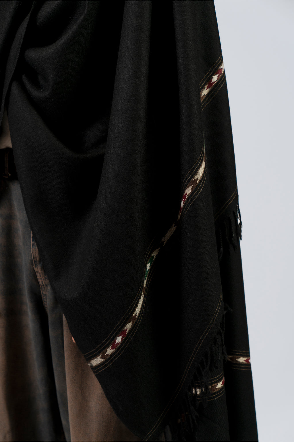 Black handwoven lamb wool blanket scarf detail shot