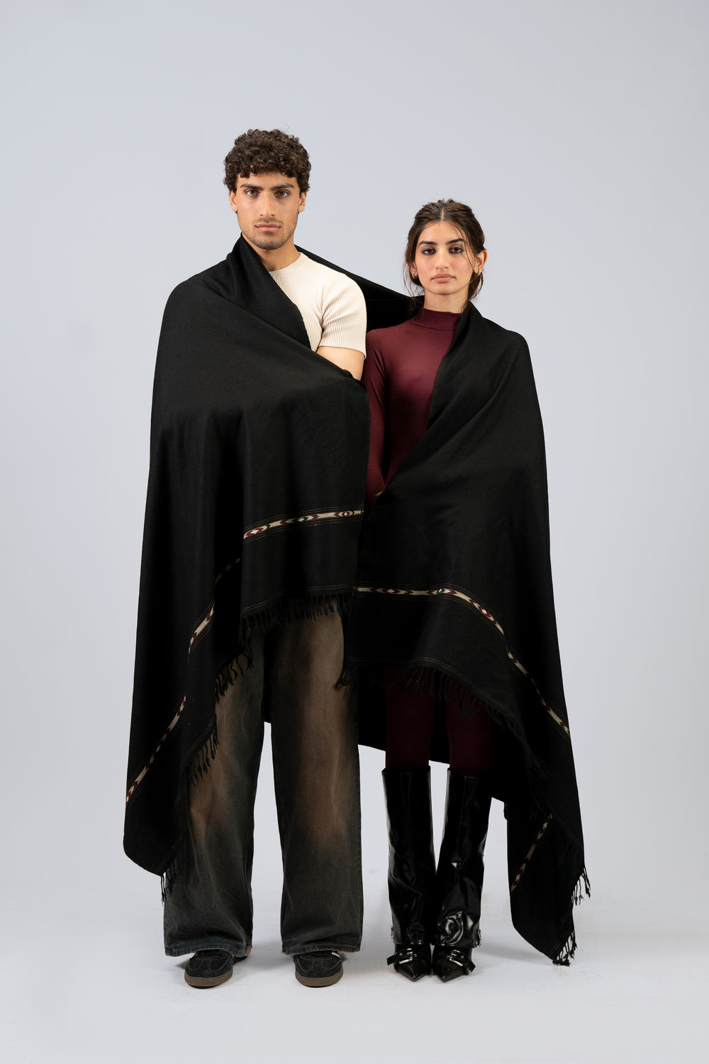 Brown wool blanket scarf shown at full oversized dimensions