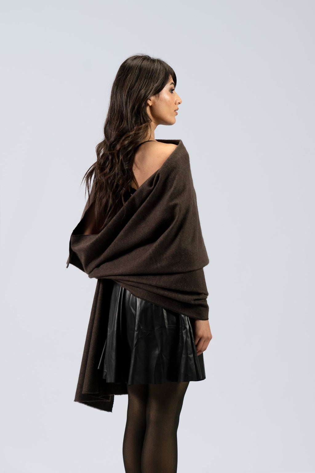 Brown handwoven midweight wool shawl, worn