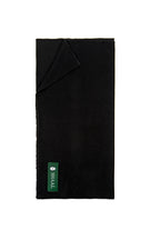 Black midweight wool shawl folded flat with SHAAL label, full length