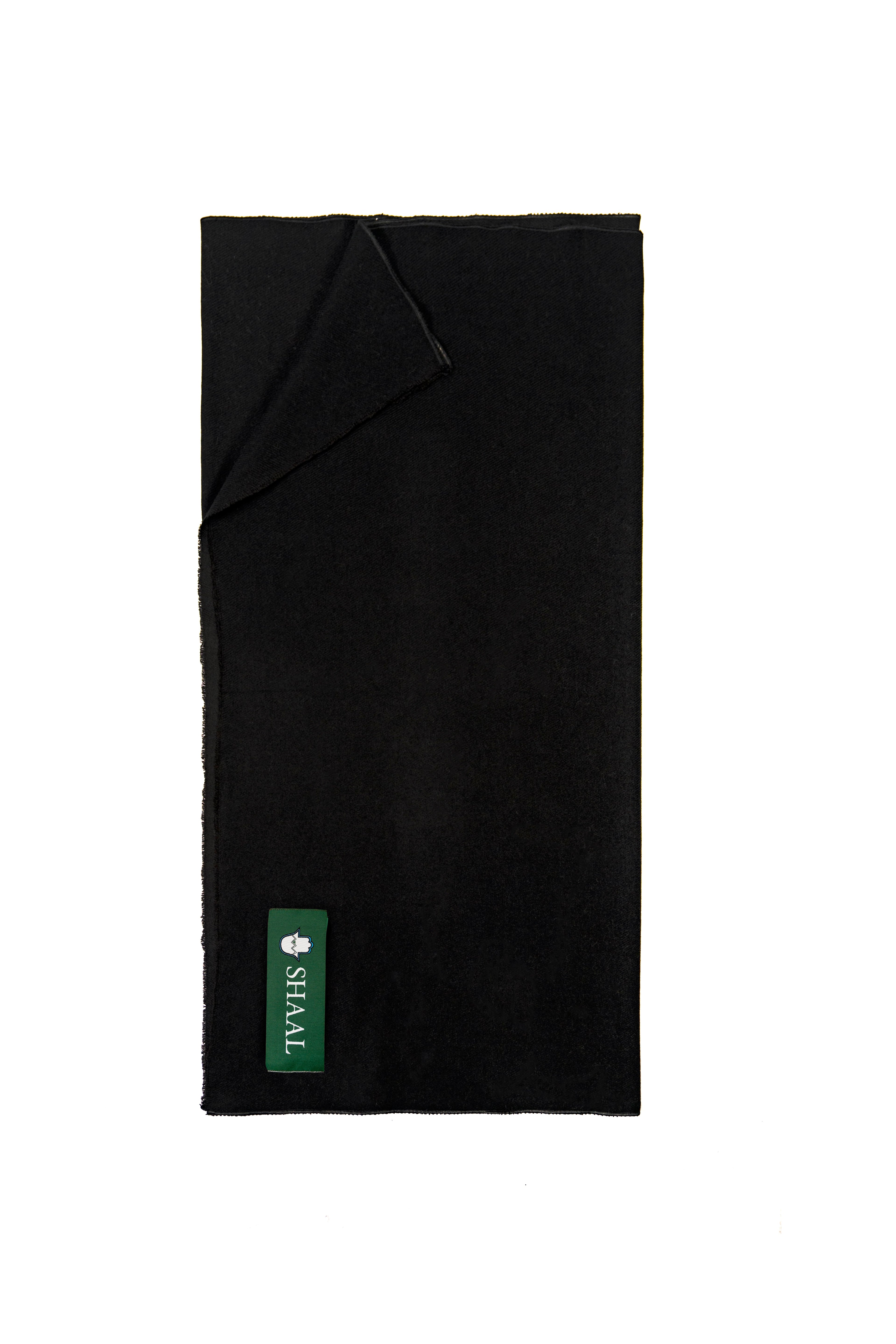 Black midweight wool shawl folded flat with SHAAL label, full length