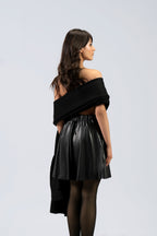 Black midweight wool shawl from behind on female model, back view