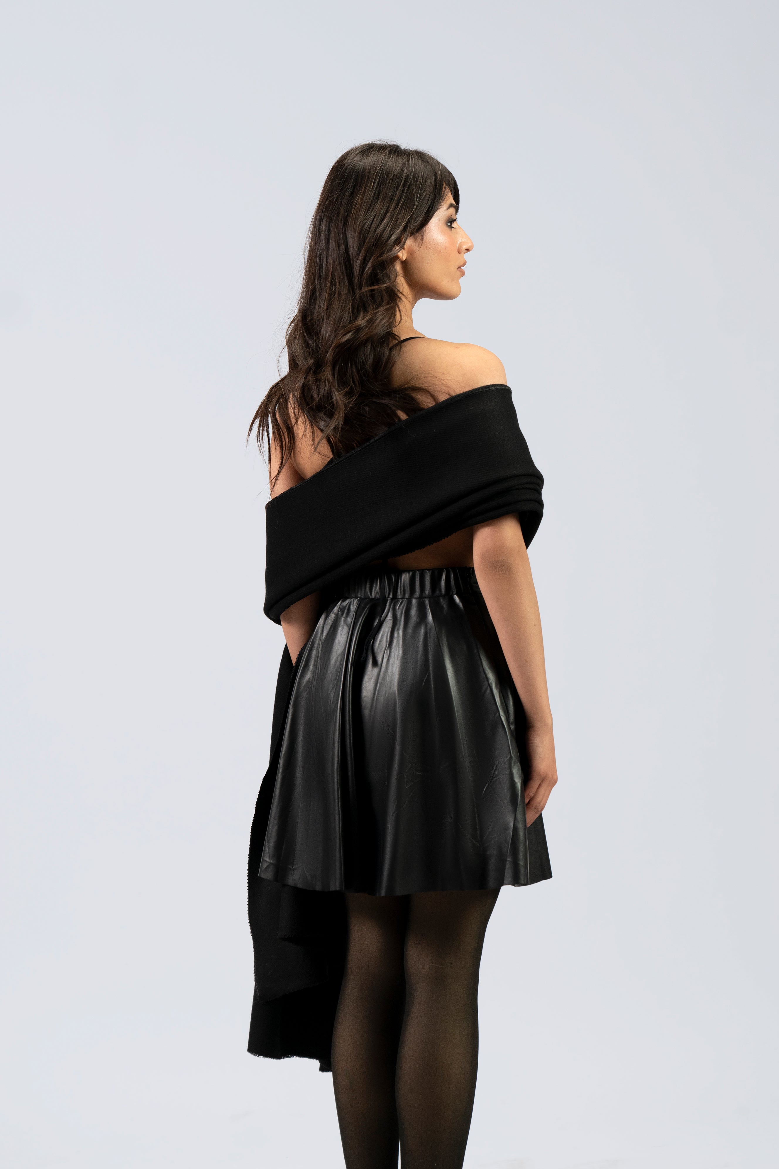 Black midweight wool shawl from behind on female model, back view