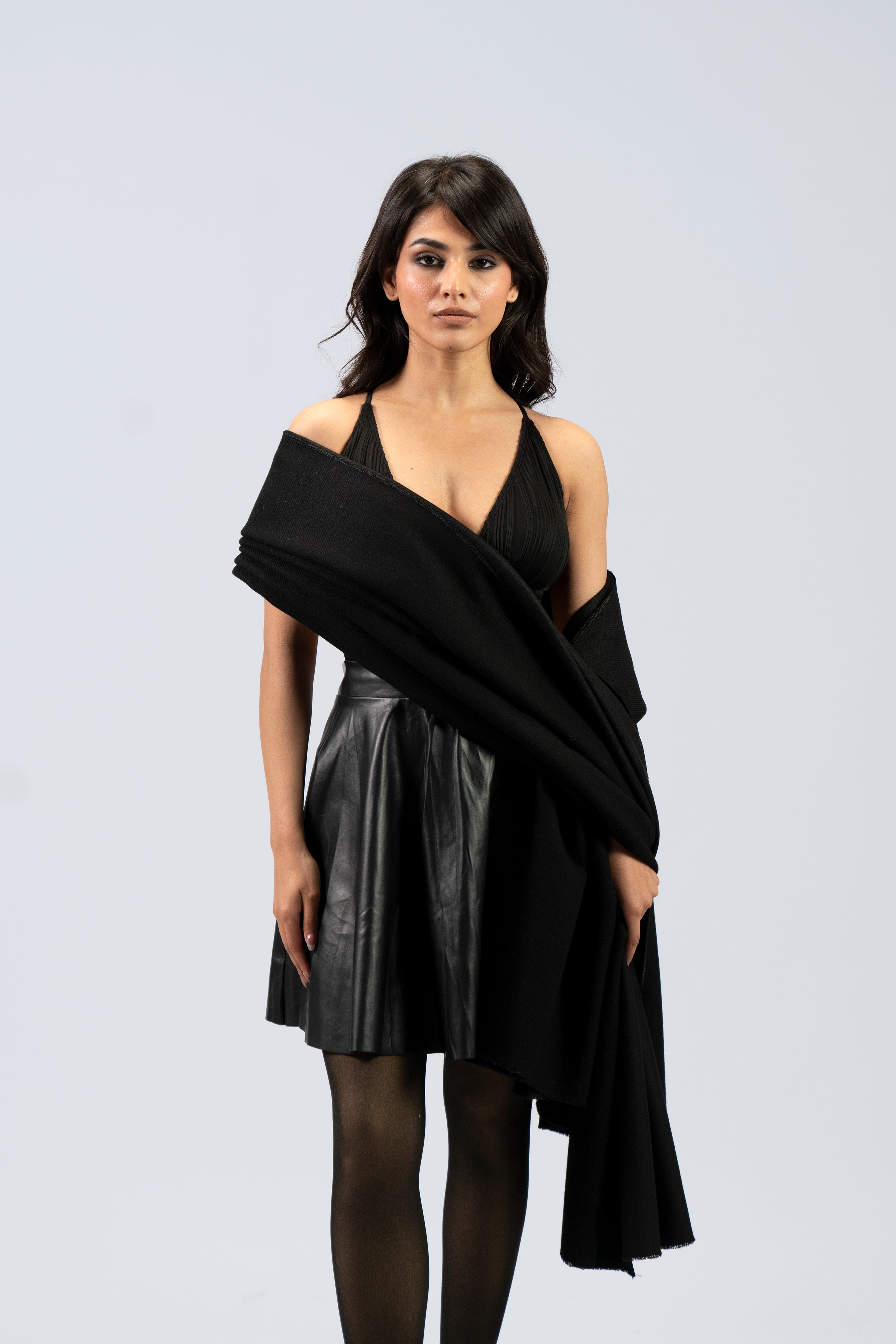 black wool shawl, handwoven by SHAAL