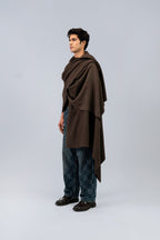 Brown handwoven midweight wool shawl, worn