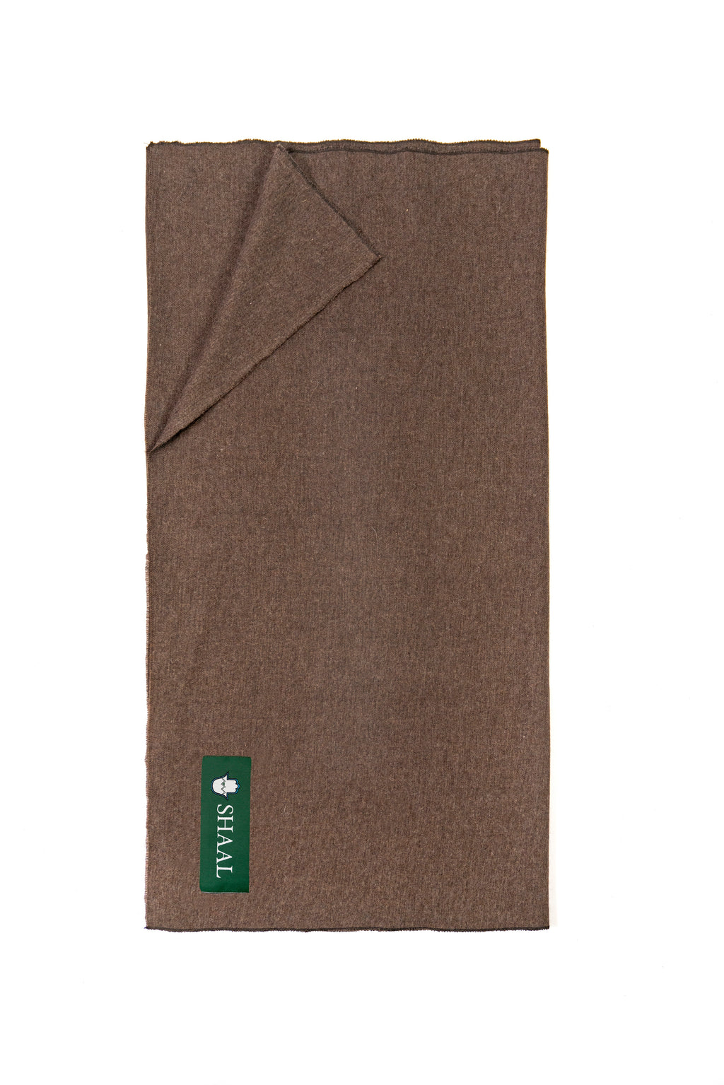 Brown handwoven wool shawl folded flat with SHAAL label