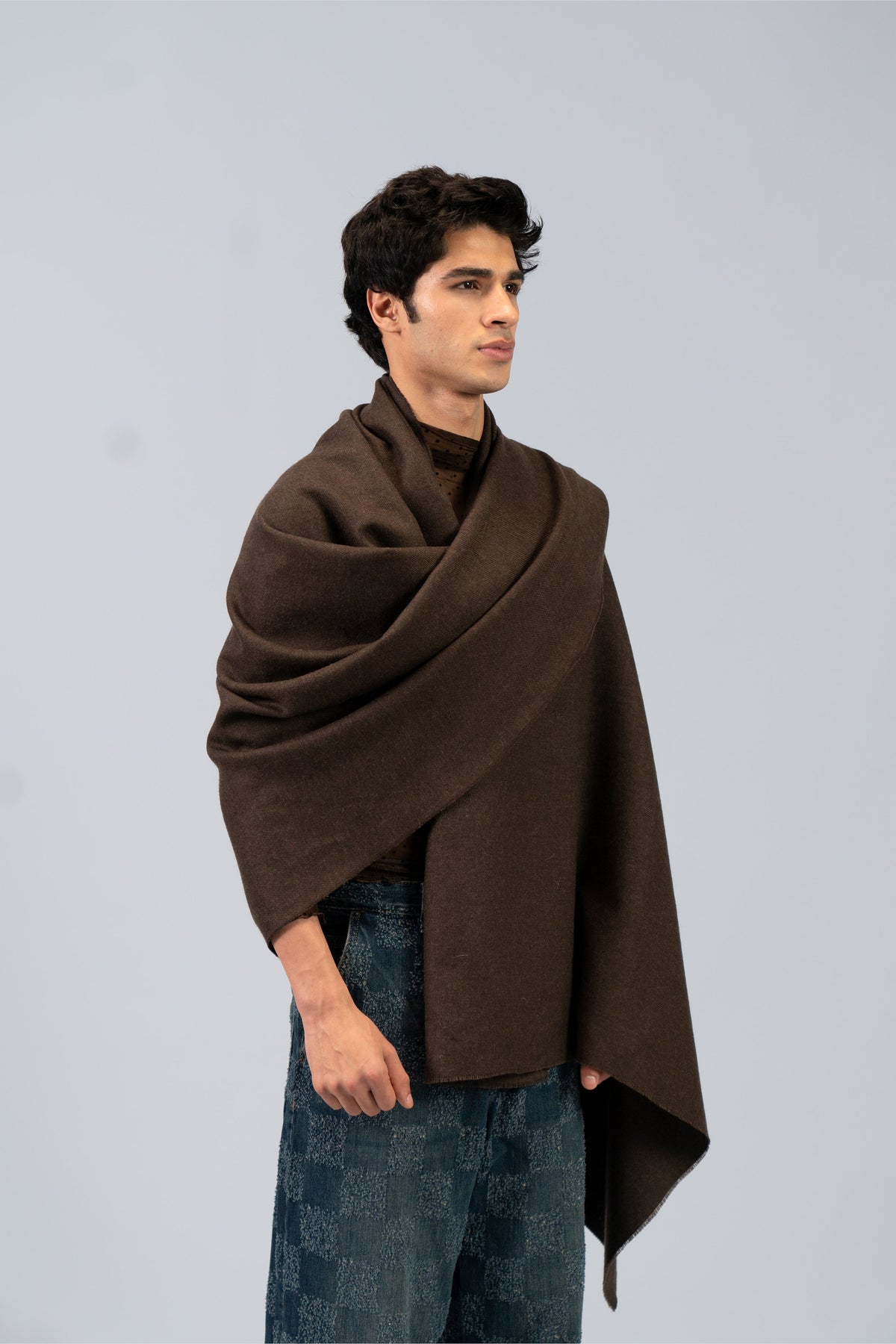 Brown handwoven midweight wool shawl, worn