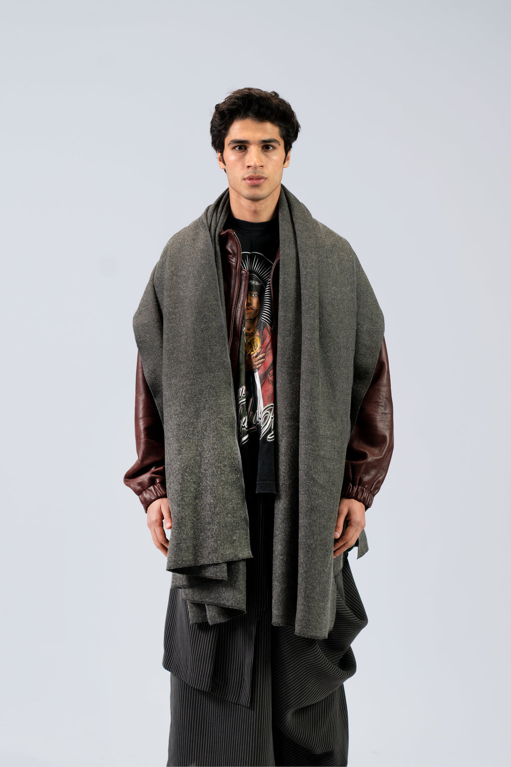 Grey handwoven midweight wool shawl, worn, front