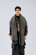 Grey handwoven midweight wool shawl, worn, front