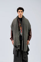 Grey handwoven midweight wool shawl, worn, front