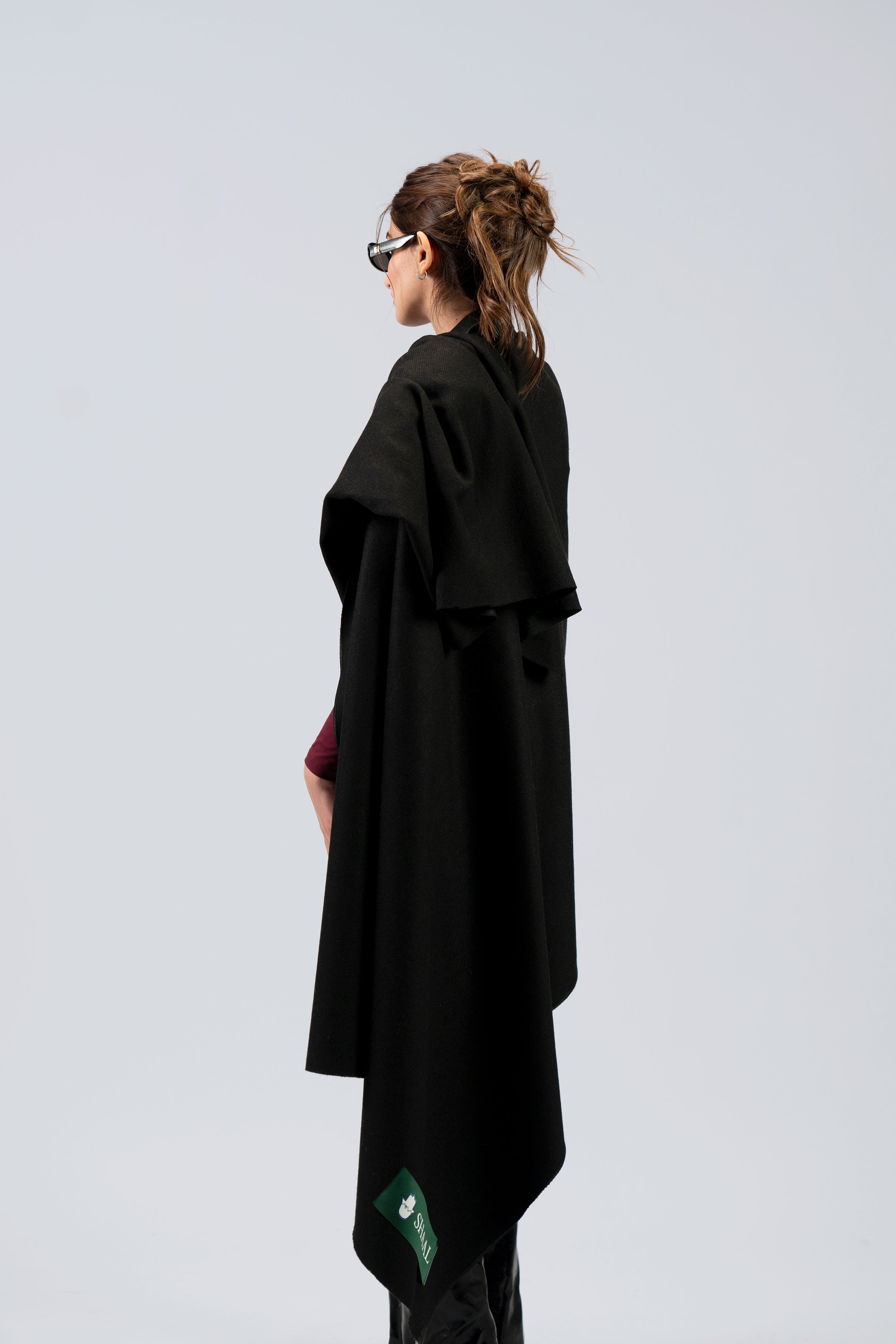 black handwoven wool shawl worn by a man, handwoven by SHAAL