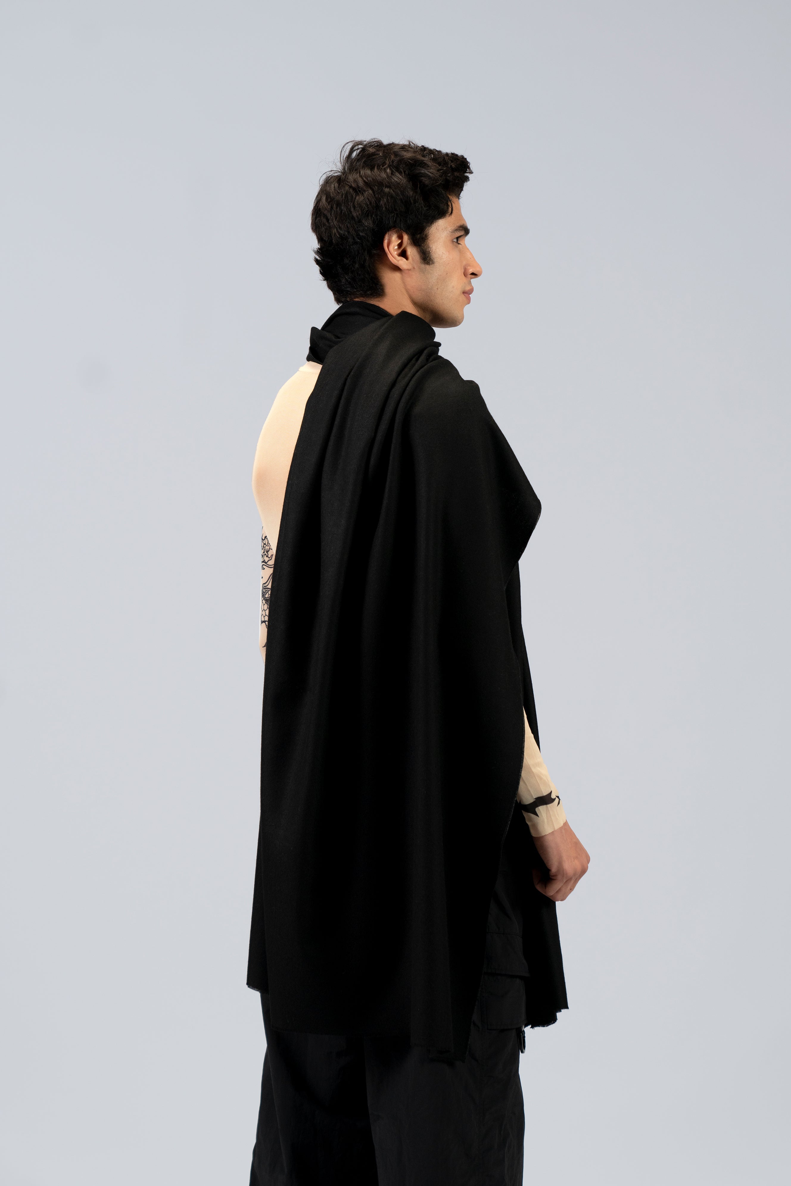 black handwoven wool shawl, handwoven by SHAAL