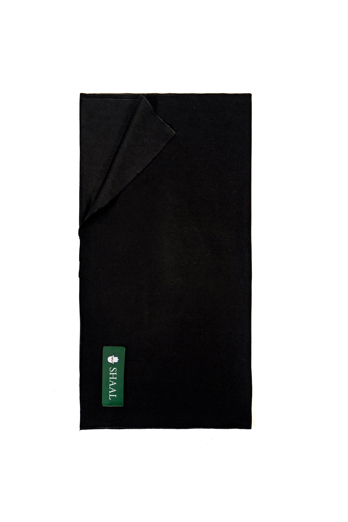 Black handwoven heavyweight wool shawl, laid flat