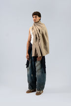 beige handwoven wool shawl worn by a woman, handwoven by SHAAL