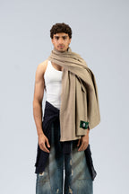 Beige handwoven heavyweight wool shawl, worn, front
