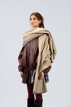 beige handwoven wool shawl worn by a man, handwoven by SHAAL