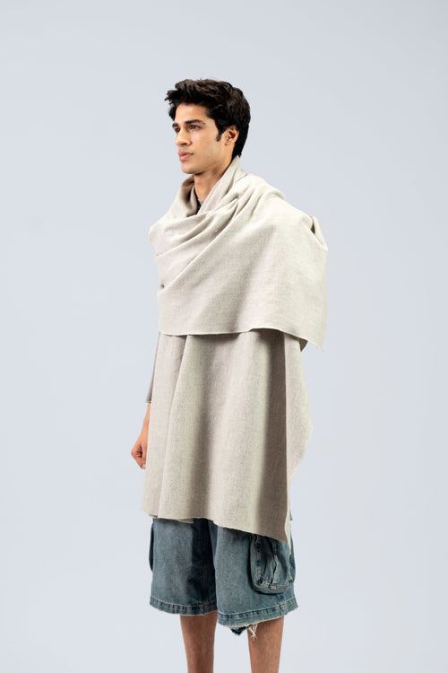 Silver handwoven heavyweight wool shawl, worn