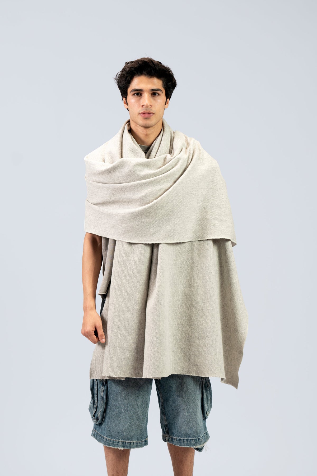 Silver handwoven heavyweight wool shawl, worn, front