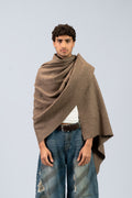 Brown yak wool shawl draped over shoulders, front view