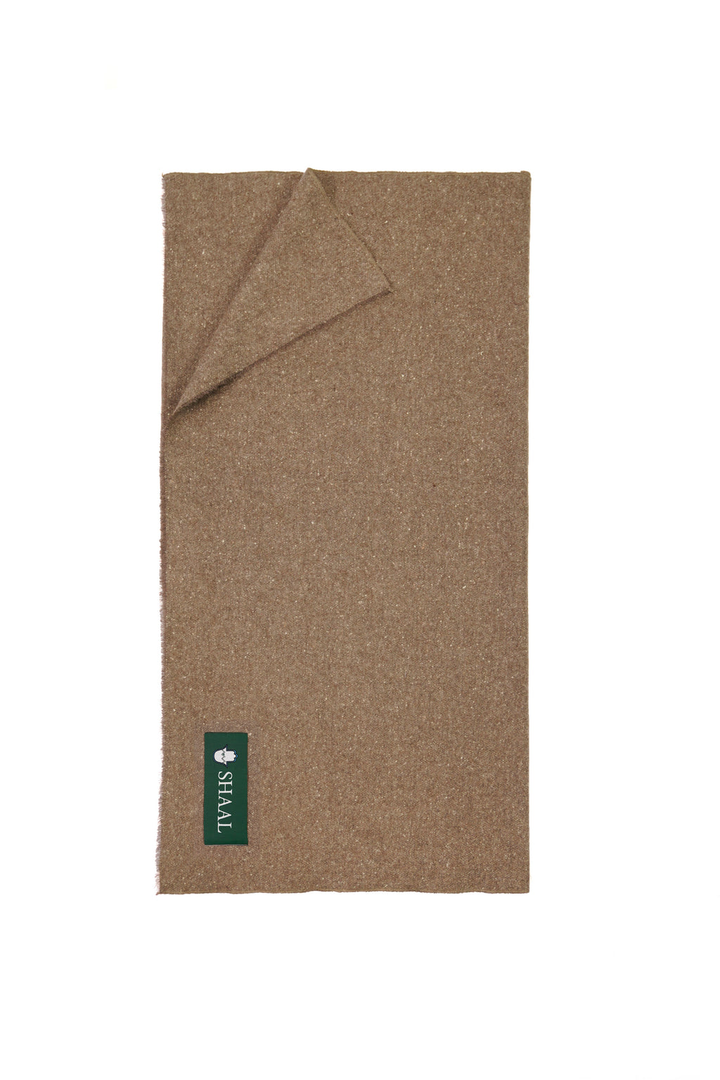 Brown yak wool shawl with a brand label 