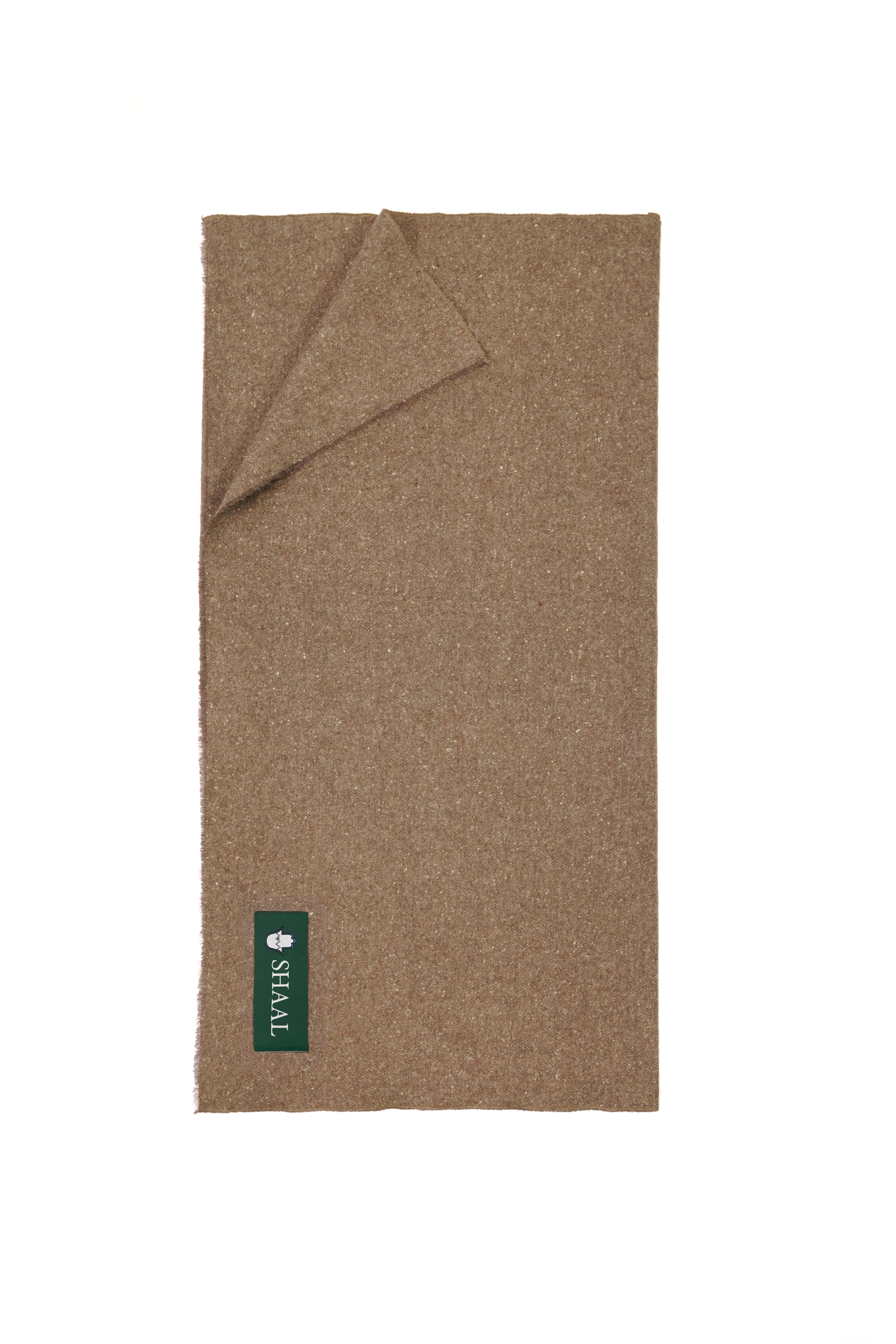 Brown yak wool shawl with a brand label 