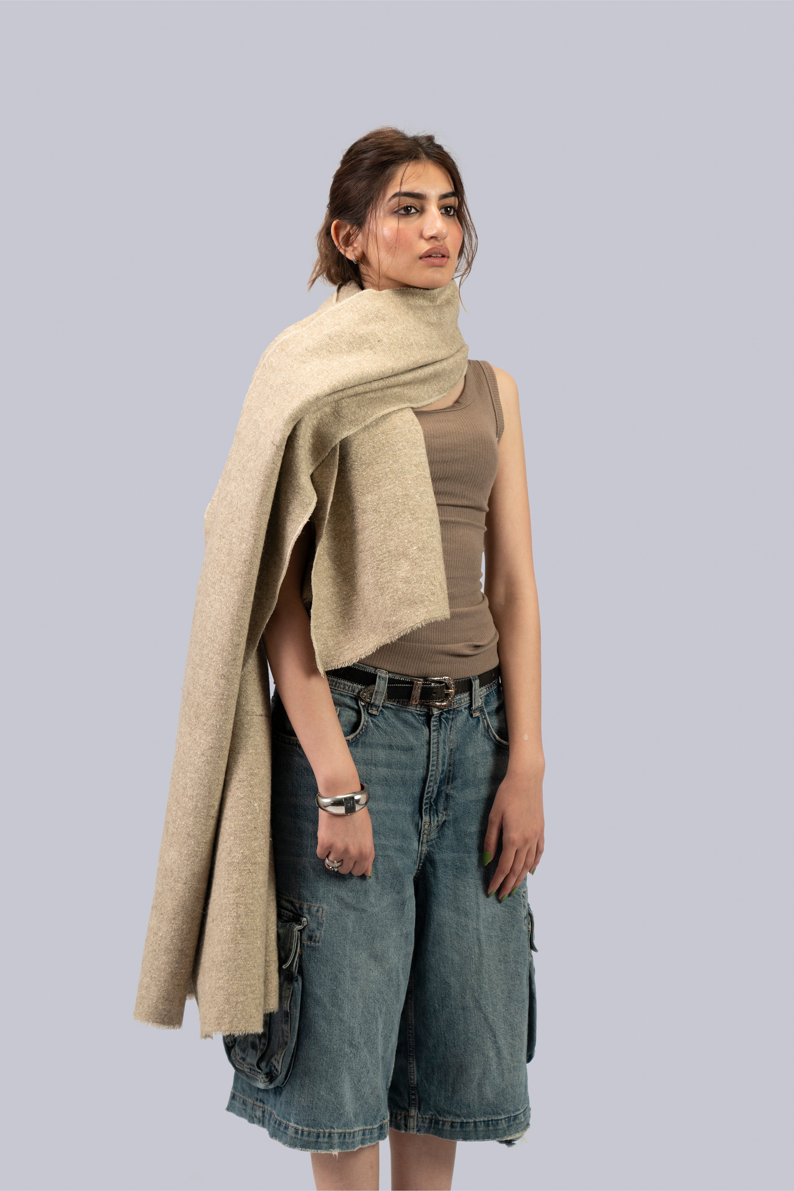 beige yak wool shawl, handwoven by SHAAL