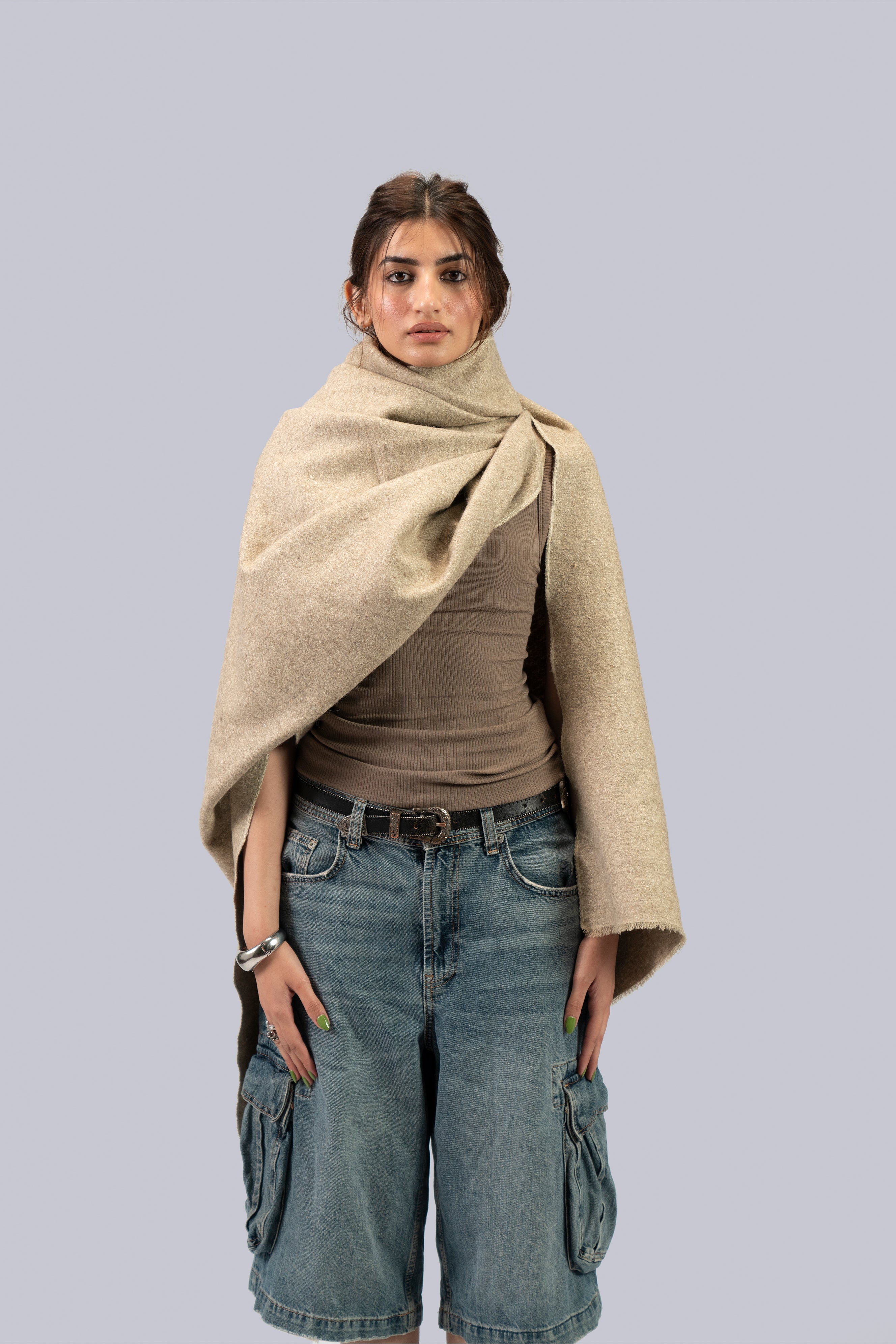 beige yak wool shawl, handwoven by SHAAL