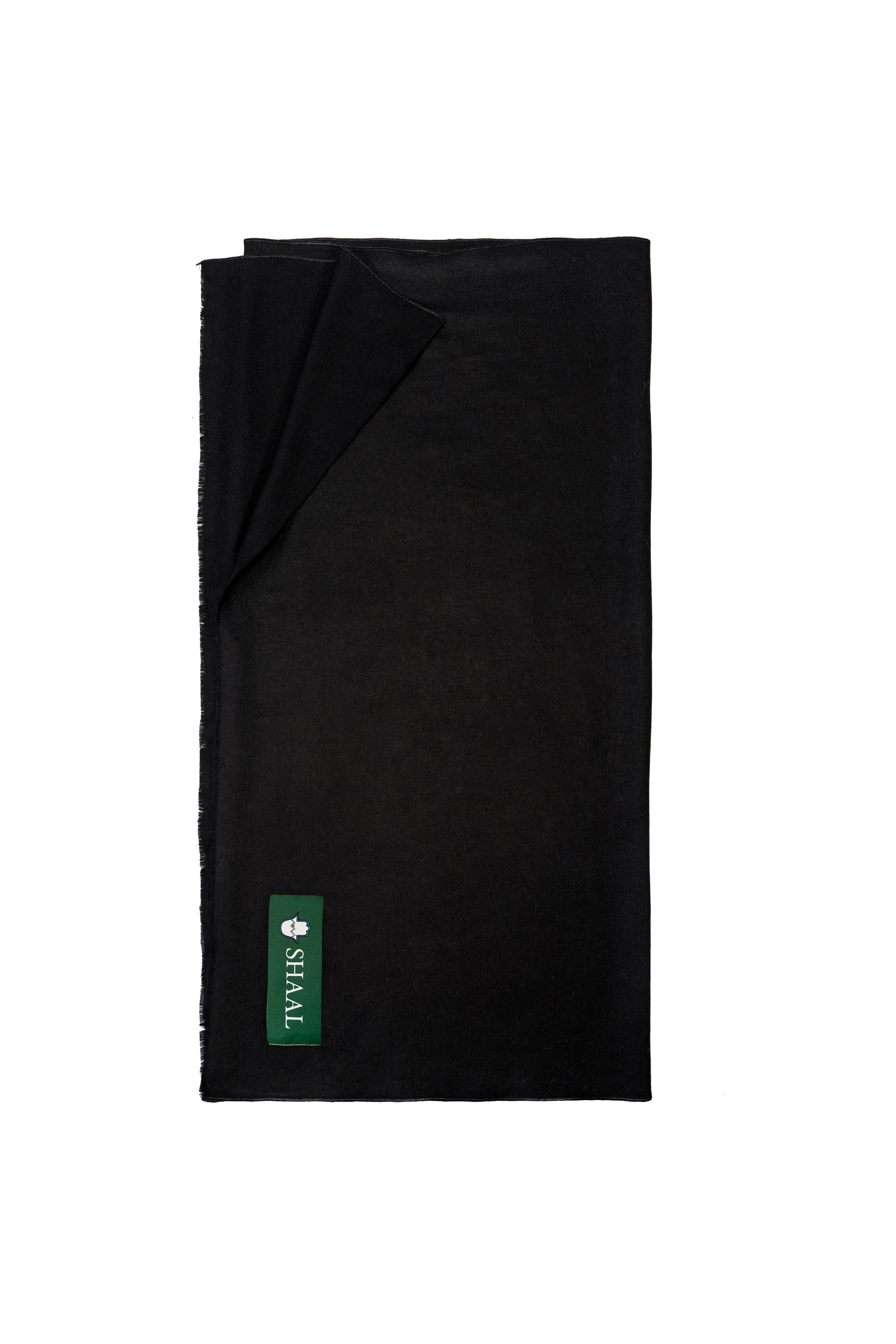 Black pashmina shawl folded flat with SHAAL label, full-length view