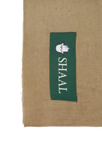 Gold pashmina shawl detail of green SHAAL woven label