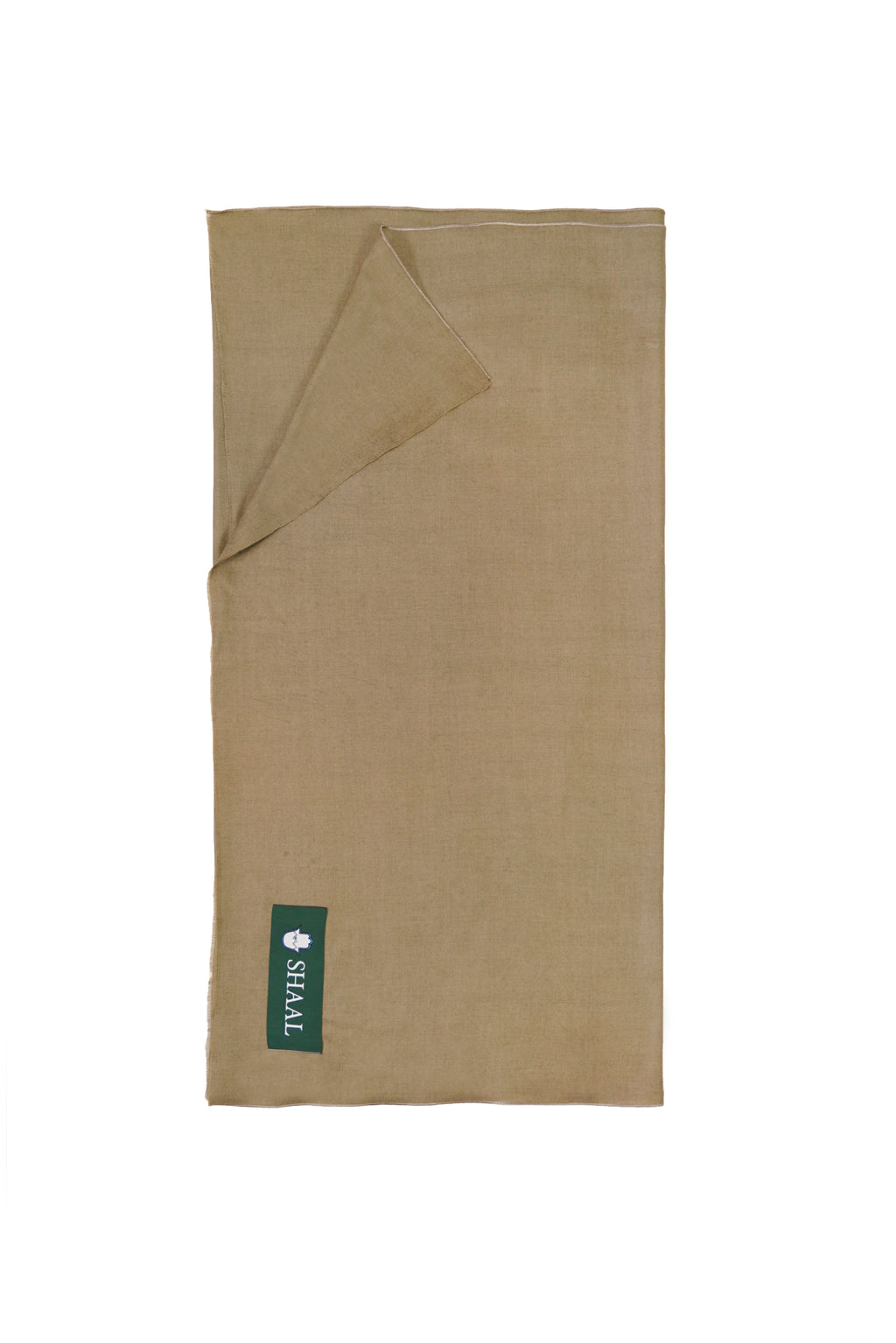 Gold pashmina shawl folded flat with SHAAL label, full-length view