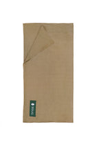 Gold pashmina shawl folded flat with SHAAL label, full-length view