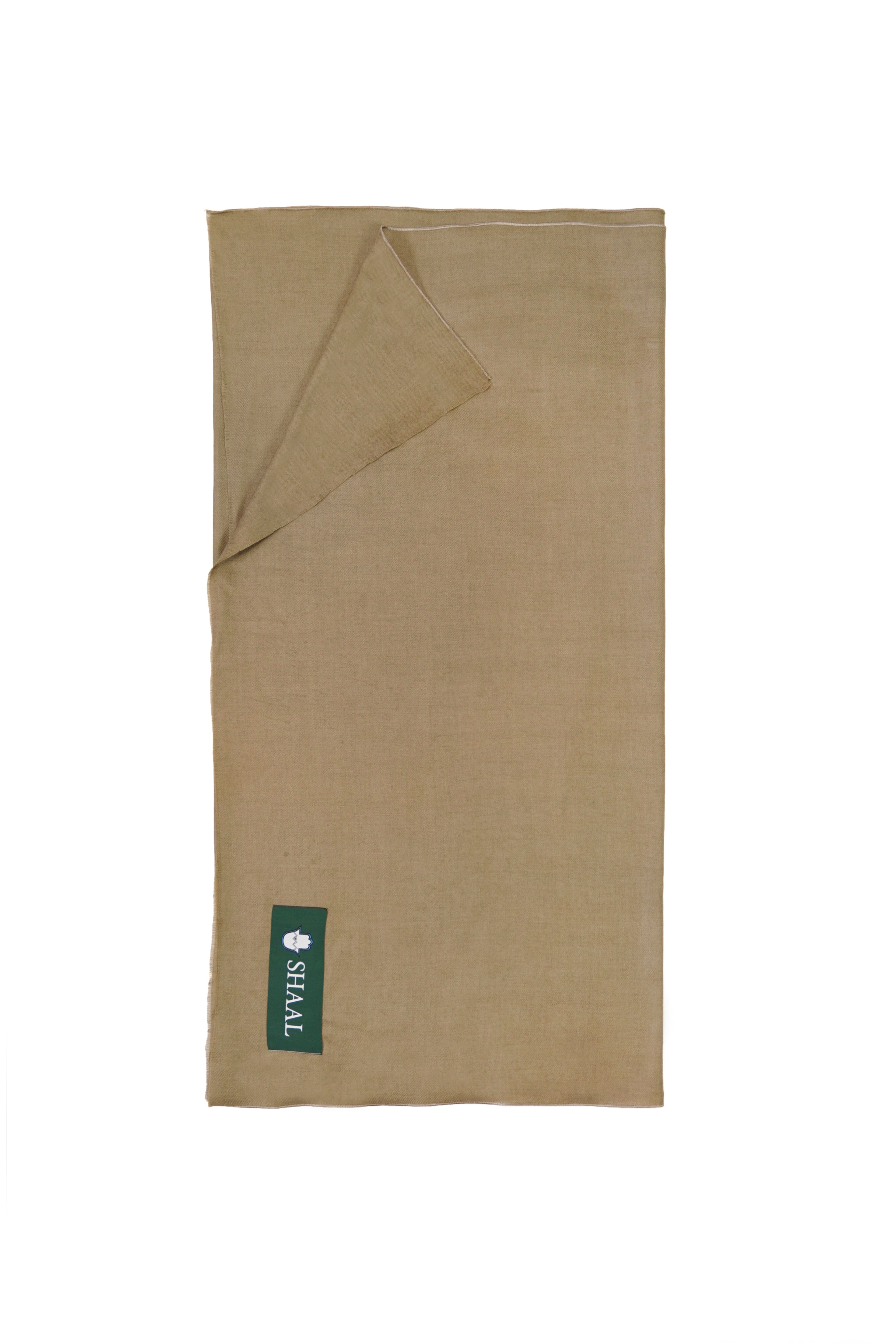 Gold pashmina shawl folded flat with SHAAL label, full-length view
