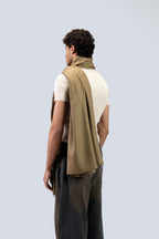 Gold pashmina shawl from behind on male model, three-quarter back view