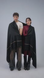 Black wool blanket scarf styling demonstration video